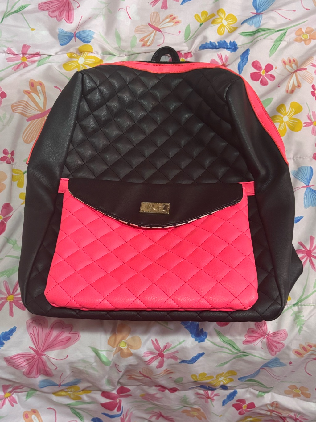 Betsey Johnson Quilted Black & Hot Pink Backpack